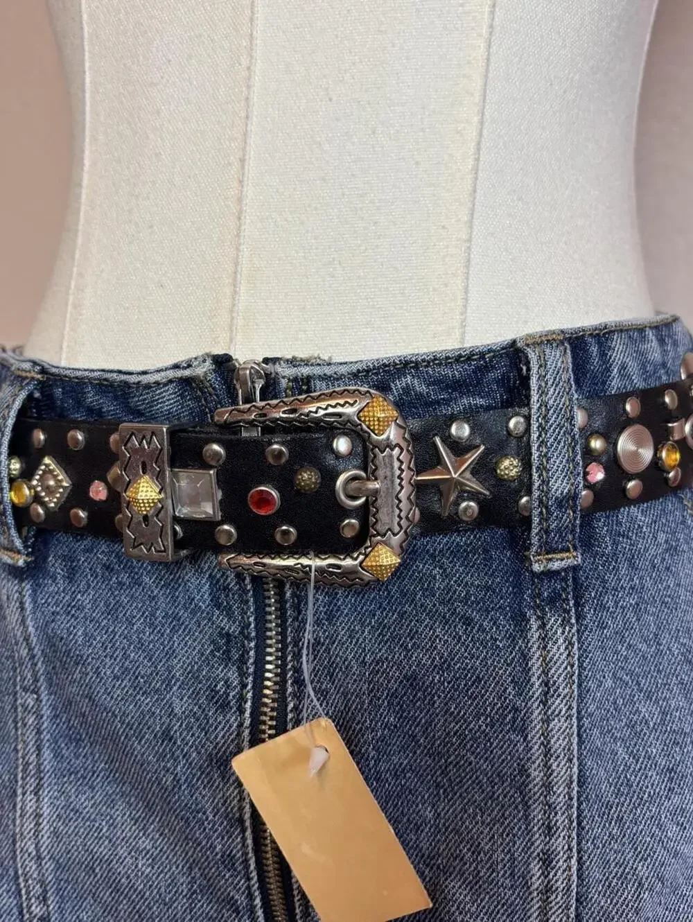 Jana jeweled studded leather belt black colorful nwt sz medium vintage maxilist